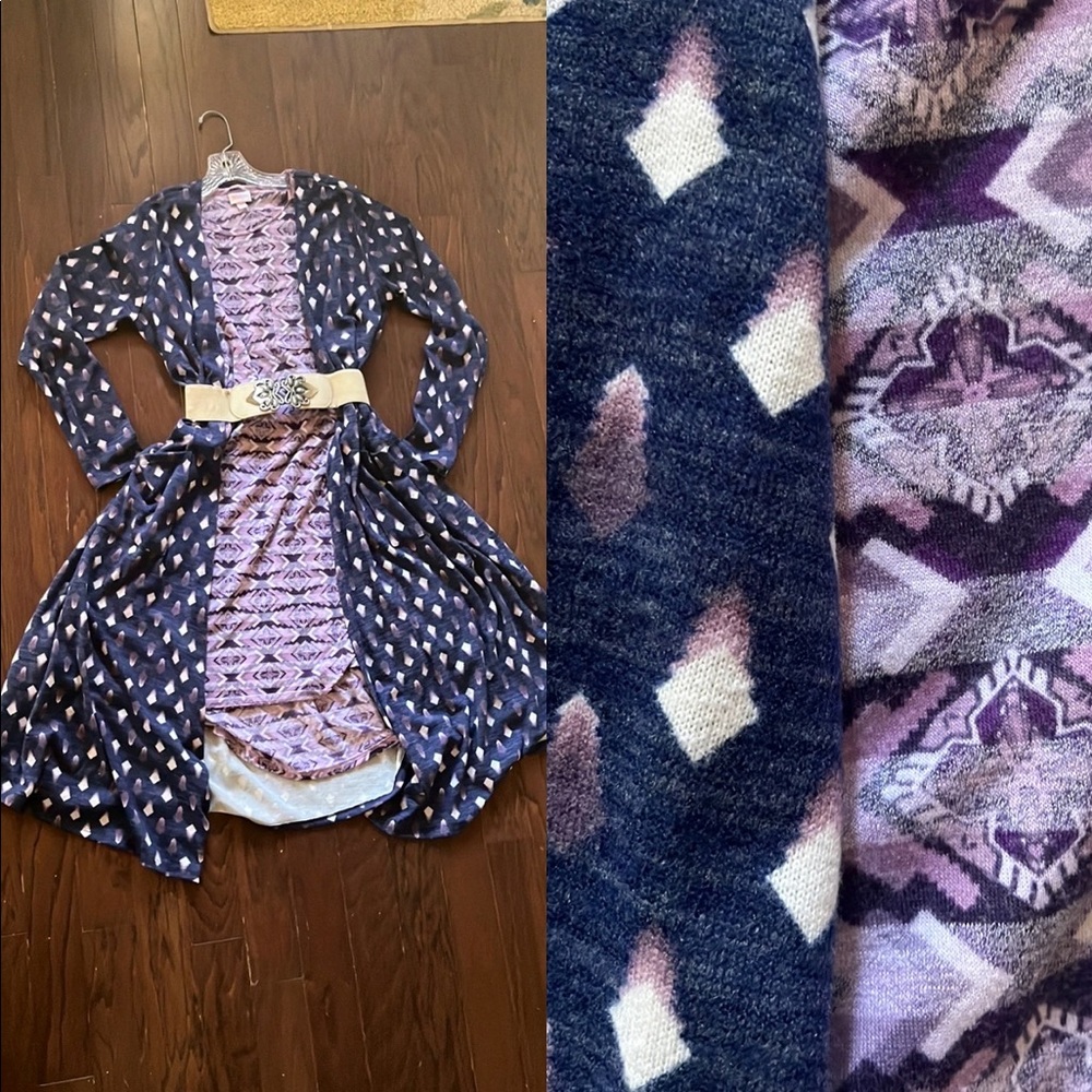 XS Carly (Fits like M/L) + L Sarah. Purple patterns. LuLaRoe. Belt not included.